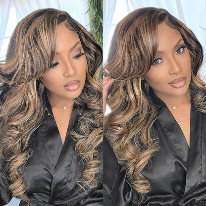 20&quot; 13x4 Glueless Front Balayage Highlights Colored Body Wave Human Hair Wigs