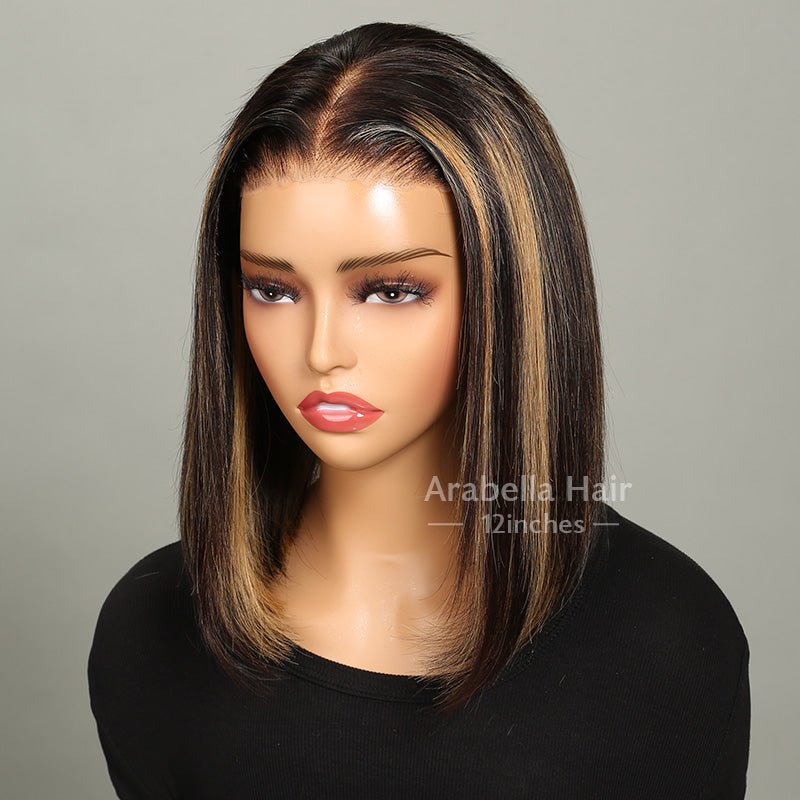6x5 Pre-Cut Lace Glueless Balayage Bob Style Straight Highlight Colored Human Hair Wig With Middle Part