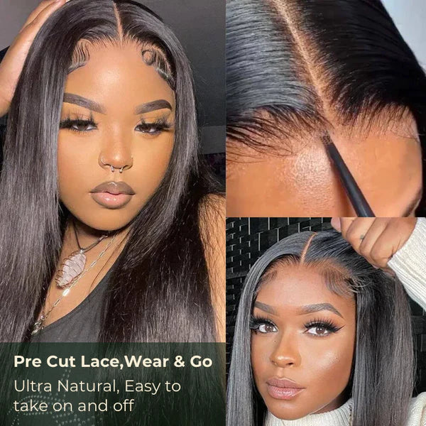 Pre-Cut 13x4 Glueless Lace Front Straight Wear&amp;Go Upgrade HD Lace Natural Black Human Hair Wig Beginner-Friendly