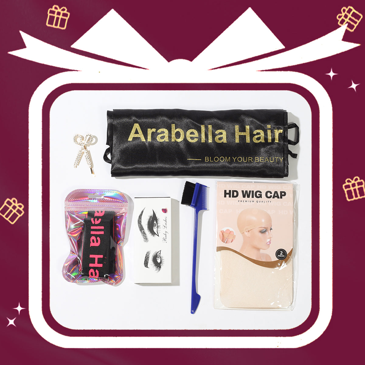 Arabella Free Gifts Package, Includes Random 4-5 Gifts : Wig Cap, 3D Mink Eyelashes, Elastic Headband, Clips,Edge Brush