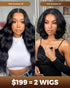 $199 = 2 WIGS | 18inch 13x6 Three-Go™ Glueless Body Wave Plus 12inch 6x5 Glueless Pre-cut Lace Loose Wave Bob Wig