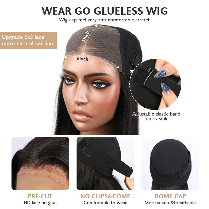 Glueless 6x5 Pre-Cut Lace Closure Yaki Straight Wear&amp;Go Upgrade HD Lace Natural Black Human Hair Wig Beginner-Friendly