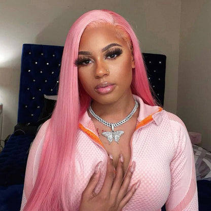 00030" 13x4 Lace Front Pink Color Straight Colored Wigs Bleached Knots Human Hair Wig