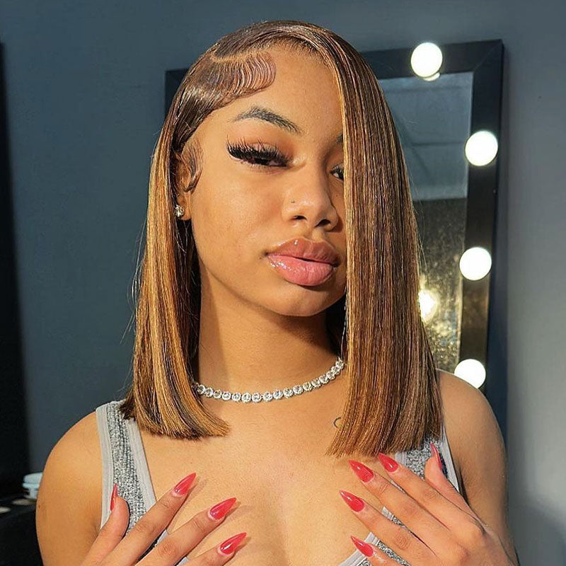 Honey Blonde Highlights Colored Straight Short Bob 13x4 Lace Front Human Hair Wig