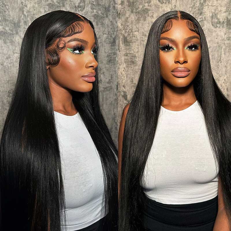 13x4 Glueless Lace Front Wig - Long Straight Human Hair Natural Black Free Part