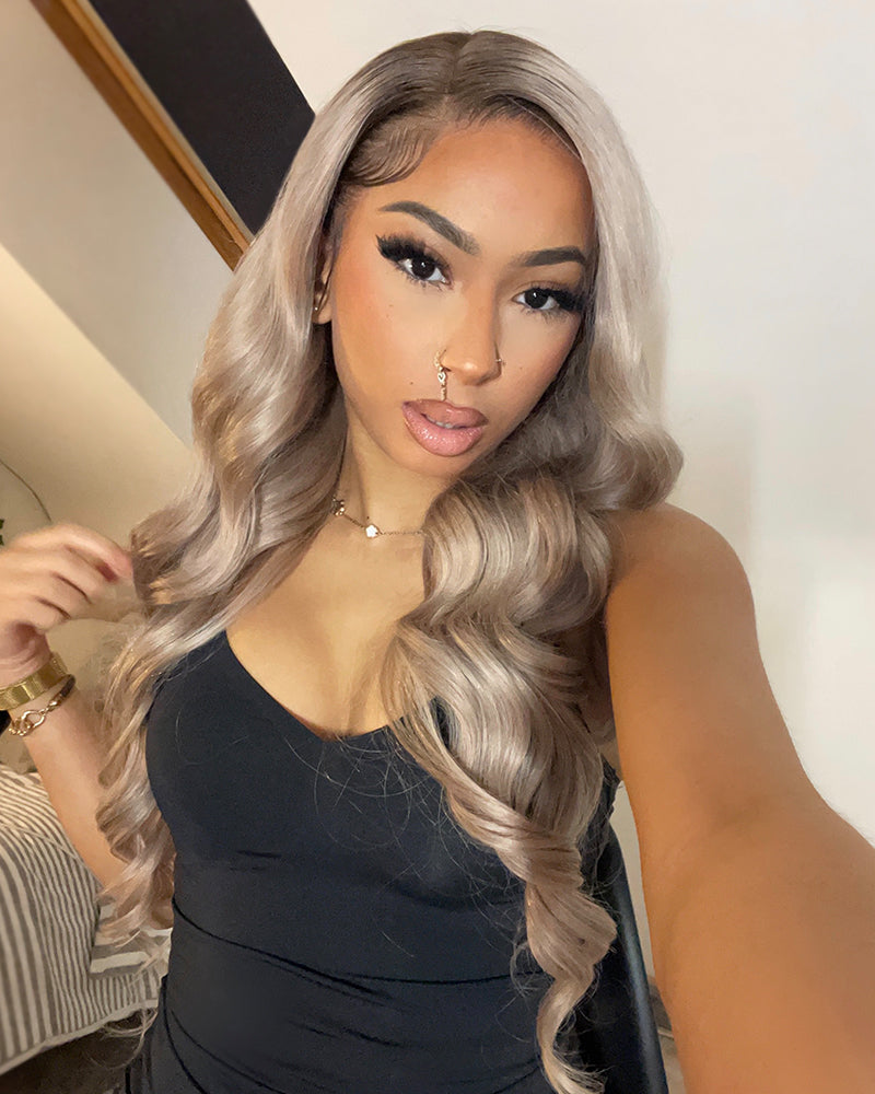 Ash Blonde with Dark Roots Ombre Color Blowout In Wavy 13x4 Lace Front Human Hair Wig Free Part