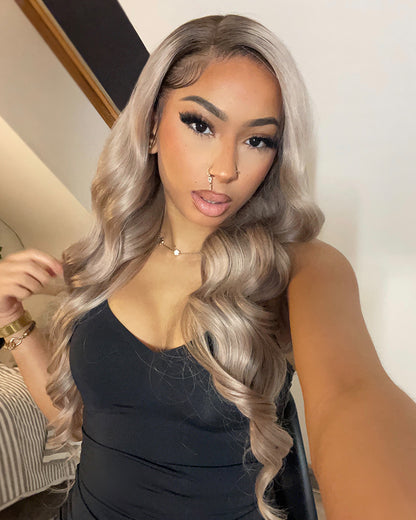 Ash Blonde with Dark Roots Ombre Color Blowout In Wavy 13x4 Lace Front Human Hair Wig Free Part