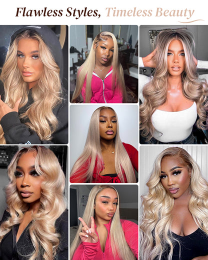 Ash Blonde with Dark Roots Ombre Color Blowout In Wavy 13x4 Lace Front Human Hair Wig Free Part