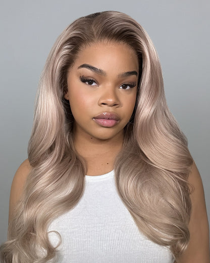 Ash Blonde with Dark Roots Ombre Color Blowout In Wavy 13x4 Lace Front Human Hair Wig Free Part