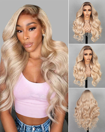 Ash Blonde with Dark Roots Ombre Color Blowout In Wavy 13x4 Lace Front Human Hair Wig Free Part