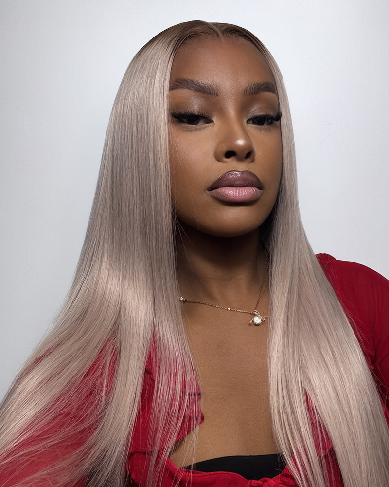 Ash Blonde with Dark Roots Ombre Color Blowout In Wavy 13x4 Lace Front Human Hair Wig Free Part