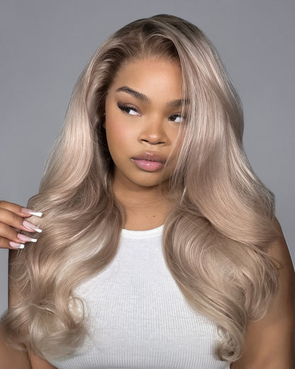Ash Blonde with Dark Roots Ombre Color Blowout In Wavy 13x4 Lace Front Human Hair Wig Free Part