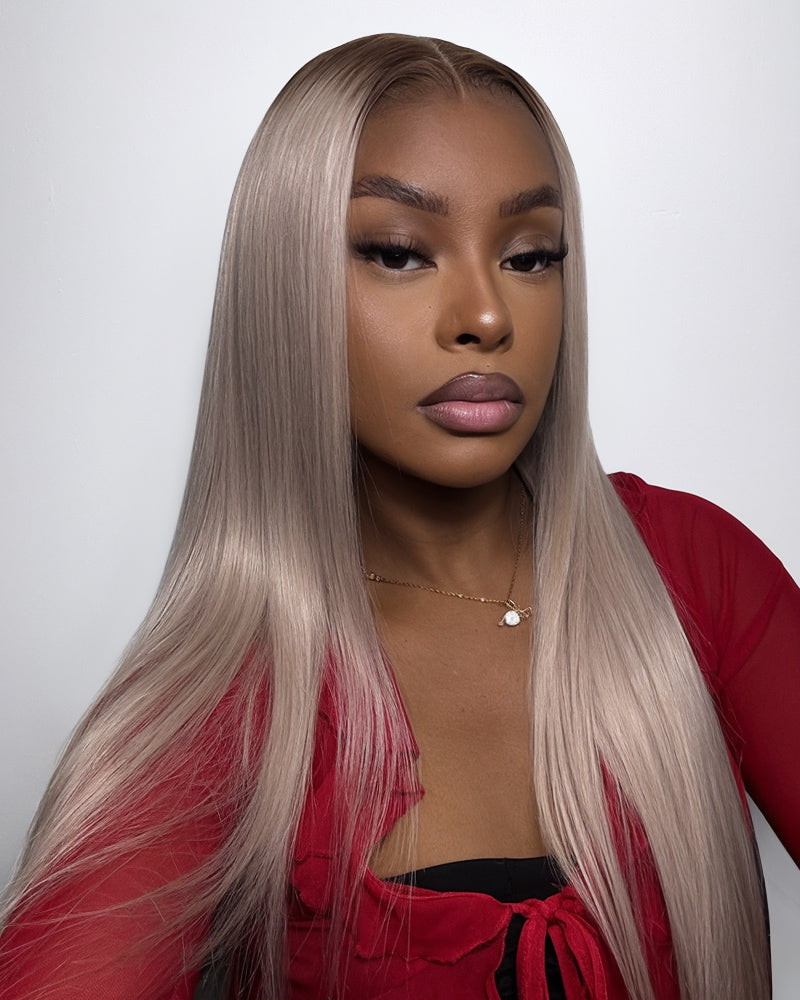 Ash Blonde with Dark Roots Ombre Color Blowout In Wavy 13x4 Lace Front Human Hair Wig Free Part