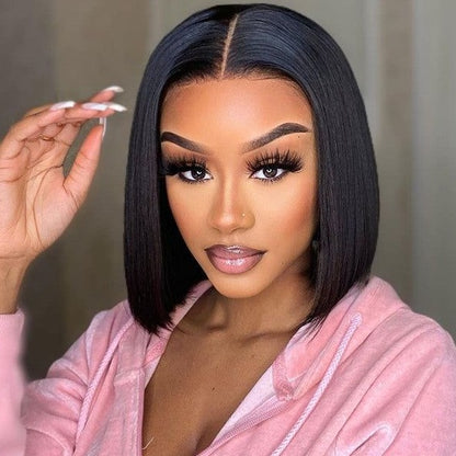 Straight Bob Natural Black 6X6 T Part Lace Front Double Drawn Human Hair Wig