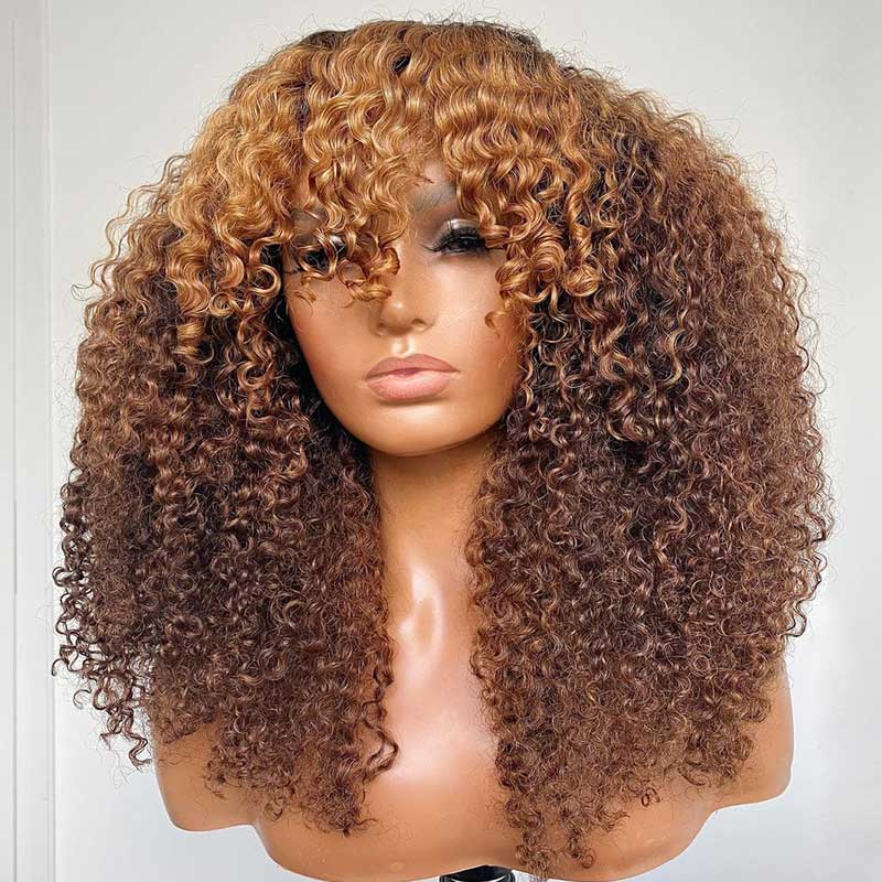P4/27 Ombre Afro Kinky Curly Wig with Bangs Full Machine Made Remy Human Hair Wig