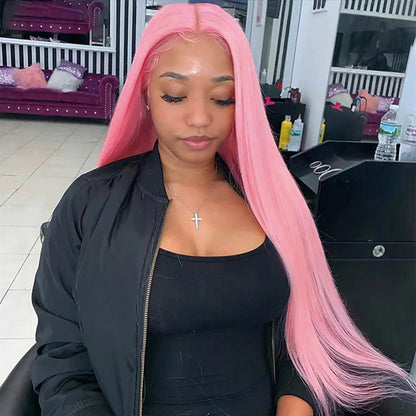 00030" 13x4 Lace Front Pink Color Straight Colored Wigs Bleached Knots Human Hair Wig