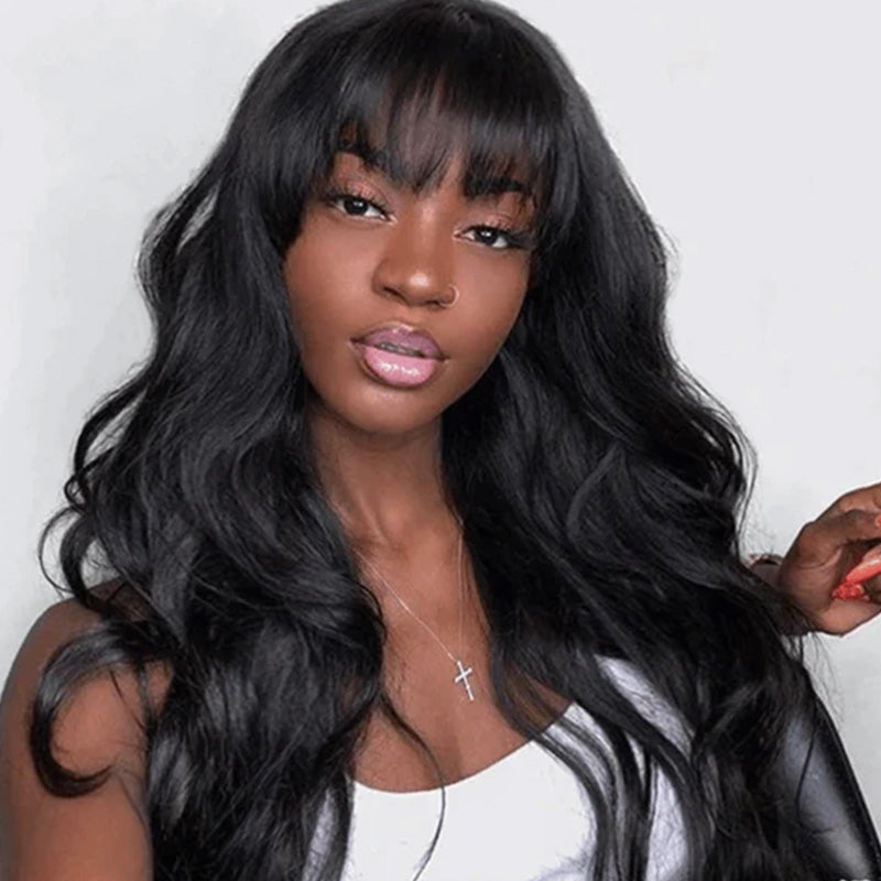 Long Body Wave With Bangs Glueless Wig Non-Lace Machine Made Natural Black Protective Style Human Hair Wigs