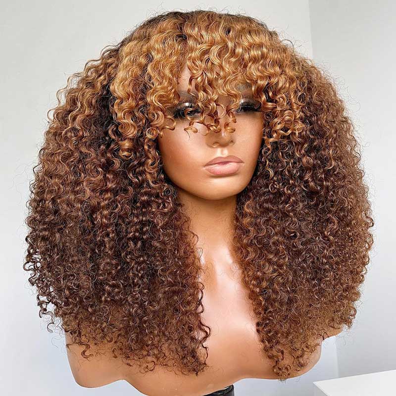 P4/27 Ombre Afro Kinky Curly Wig with Bangs Full Machine Made Remy Human Hair Wig