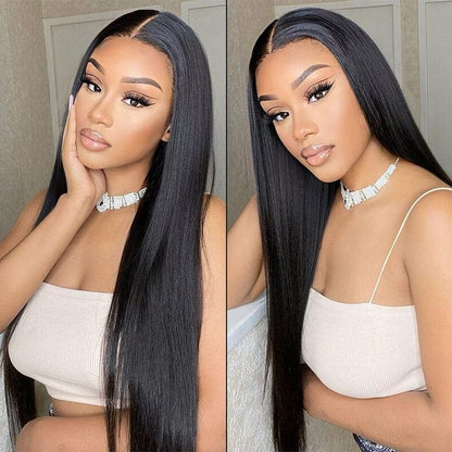 Straight Natural Black Glueless 6x5 Pre-Cut Lace Closure Human Hair Wigs