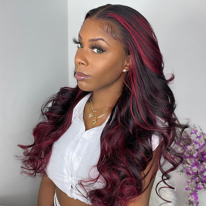 18&quot; 13x4 Lace Dark Burgundy With Rose Red Highlights Body Wave Human Hair Wig