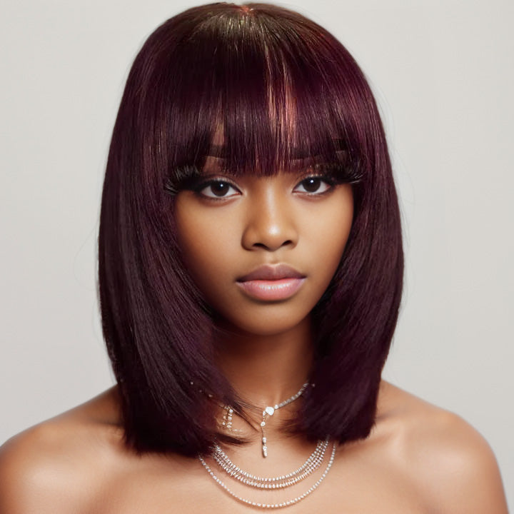 Reddish Purple Burgundy Layered Cut Straight Bob Wig with Bangs - Non-Lace Machine Made Colored Human Hair Wigs