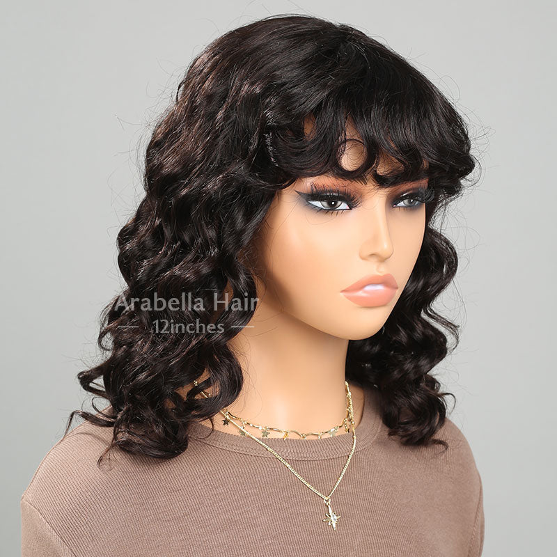 Loose Wavy Style Bob Wig With Bangs Glueless Wig Non-Lace Machine Made For Women Natural Black Protective Style Human Hair Wigs