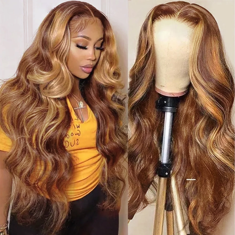 Human hair wig 13*4 HD Lace Front Body Wave Wig Honey Blonde Piano Highlights Transparent Human Hair Wigs 250% Density Free Part - arabellahair.com