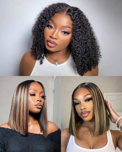 Arabella $69 Final Deal Price 12 Inch 6x5 Glueless Lace Balayage Highights/Natural Black/Auburn Highlights On Black Straight/Deep Curly Bob Wig