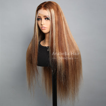 30&quot; 13x4 Lace Front Honey Blonde Piano Highlights Color Straight Colored Wigs Glueless Human Hair Wig