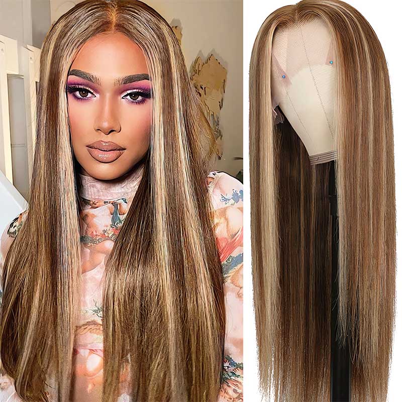 30&quot; 13x4 Lace Front Honey Blonde Piano Highlights Color Straight Colored Wigs Glueless Human Hair Wig