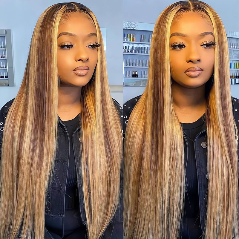30&quot; 13x4 Lace Front Honey Blonde Piano Highlights Color Straight Colored Wigs Glueless Human Hair Wig
