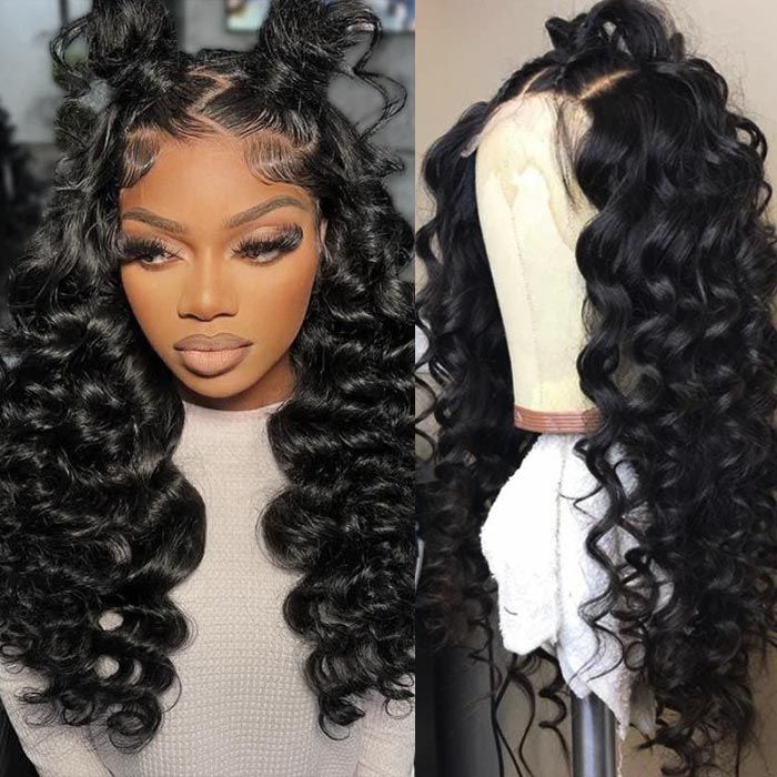 Loose Wave Natural Black 360 Lace Frontal Human Hair Wig Free Part
