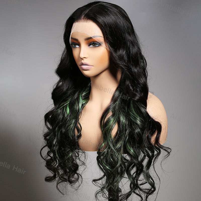 Green Highlights Body Wave HD Lace 13x4 Transparent Lace 180% Density Color Wigs Free Part