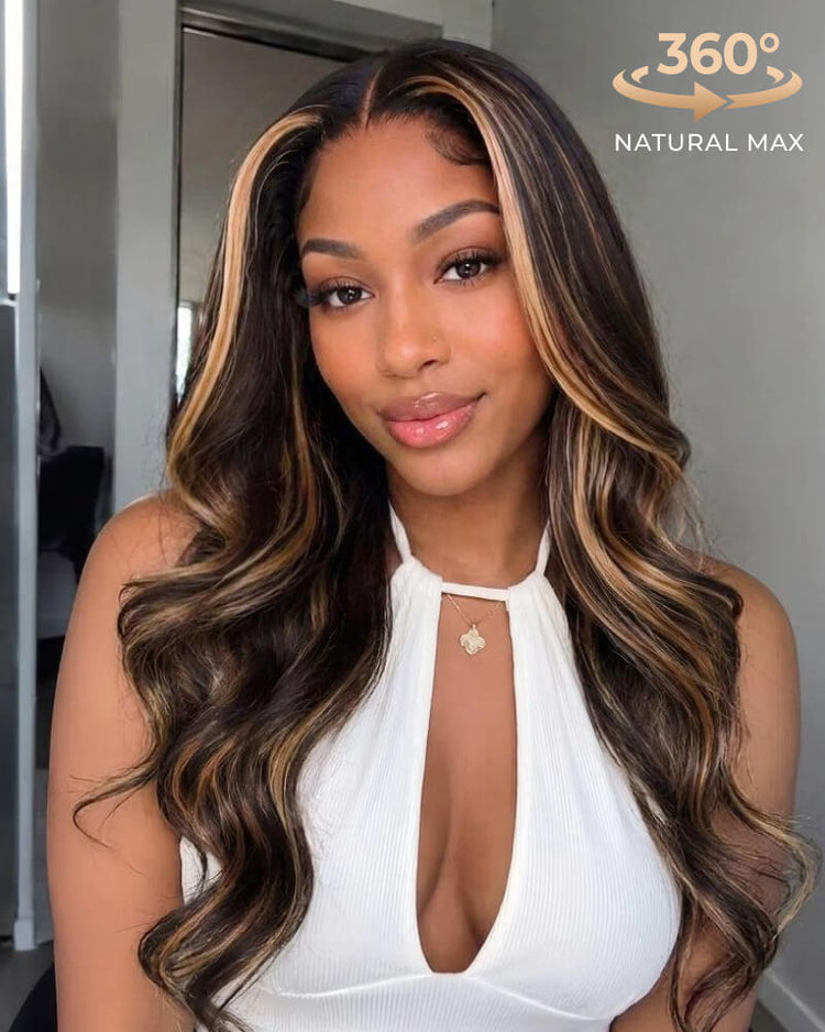 Arabella 360 Full Lace Glueless Auburn Highlights on Black Hair Body Wave Wig Invisi Drawstring Pull &amp; Go