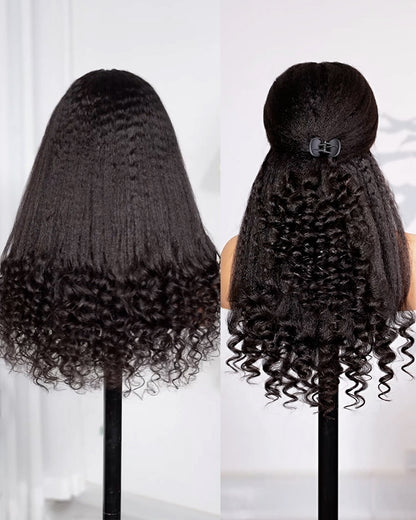 Arabella 3D Lace Half Wig Yaki Straight With Finger Coil Ends Wig Natural Black Breathable &amp; Security