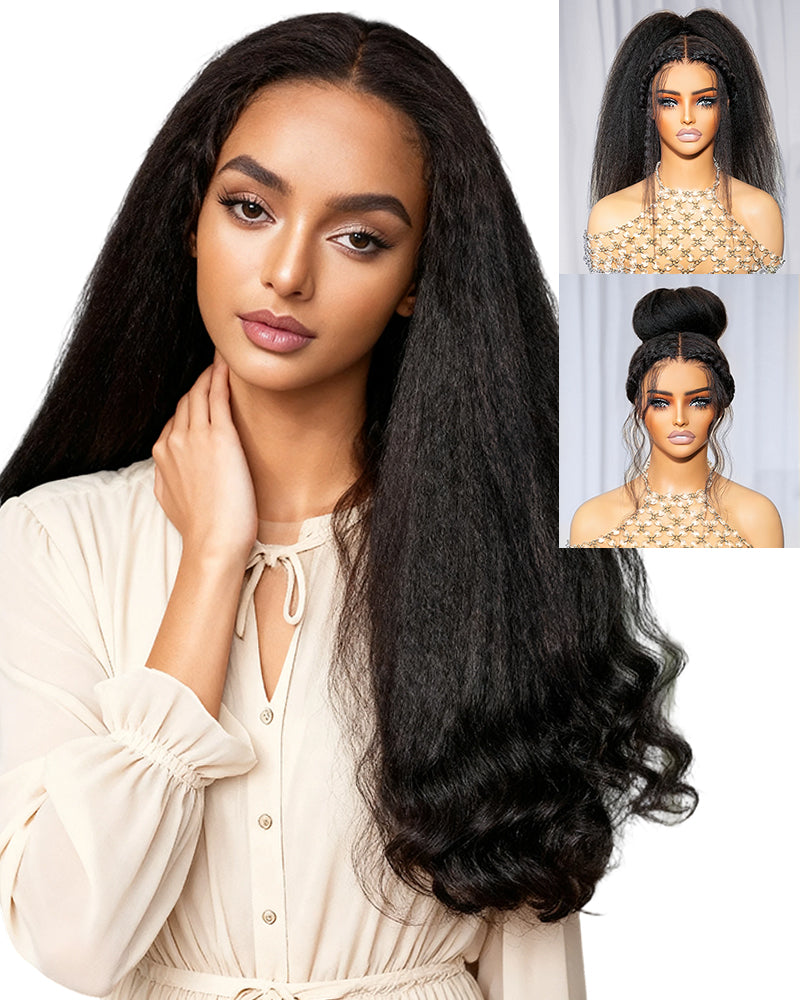 Arabella 3D Lace Half Wig Yaki Straight With Finger Coil Ends Wig Natural Black Breathable &amp; Security