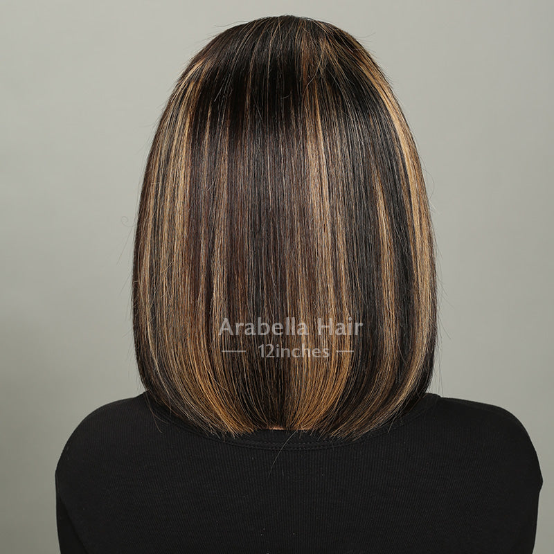 6x5 Pre-Cut Lace Glueless Balayage Bob Style Straight Highlight Colored Human Hair Wig With Middle Part