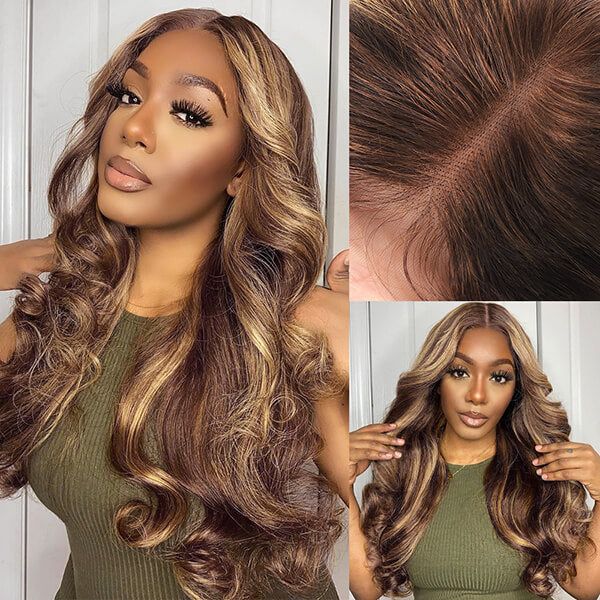 4x4 Glueless Lace Closure Honey Blonde Piano Highlights Colored Body Wave Human Hair Wigs