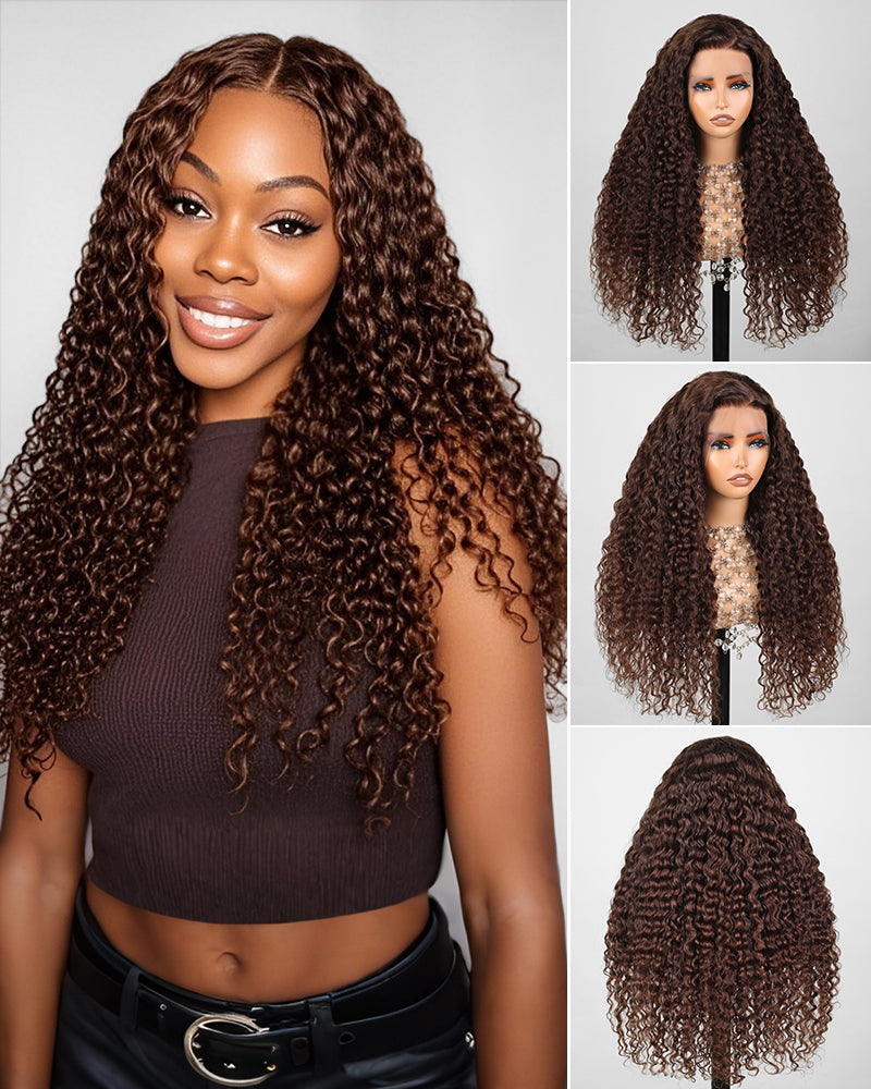 Chestnut Brown Color Water Wave Curly 13x4/6x5 Lace Human Hair Wig Free Parting