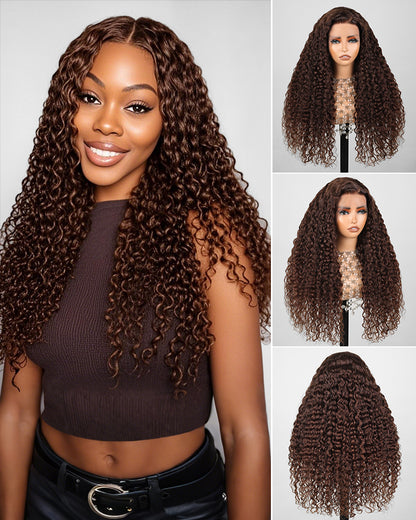 Chestnut Brown Color Water Wave Curly 13x4/6x5 Lace Human Hair Wig Free Parting