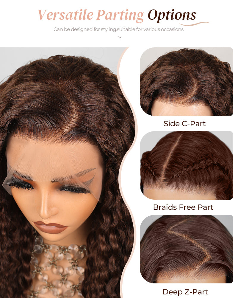 Chestnut Brown Color Water Wave Curly 13x4/6x5 Lace Human Hair Wig Free Parting