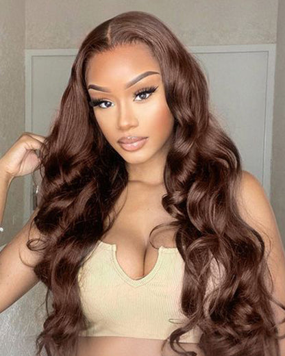 000【Flash Sale】4x4 Lace Closure Chestnut Dark Brown Color Straight/Body Wave Human Hair Wig Body Wave