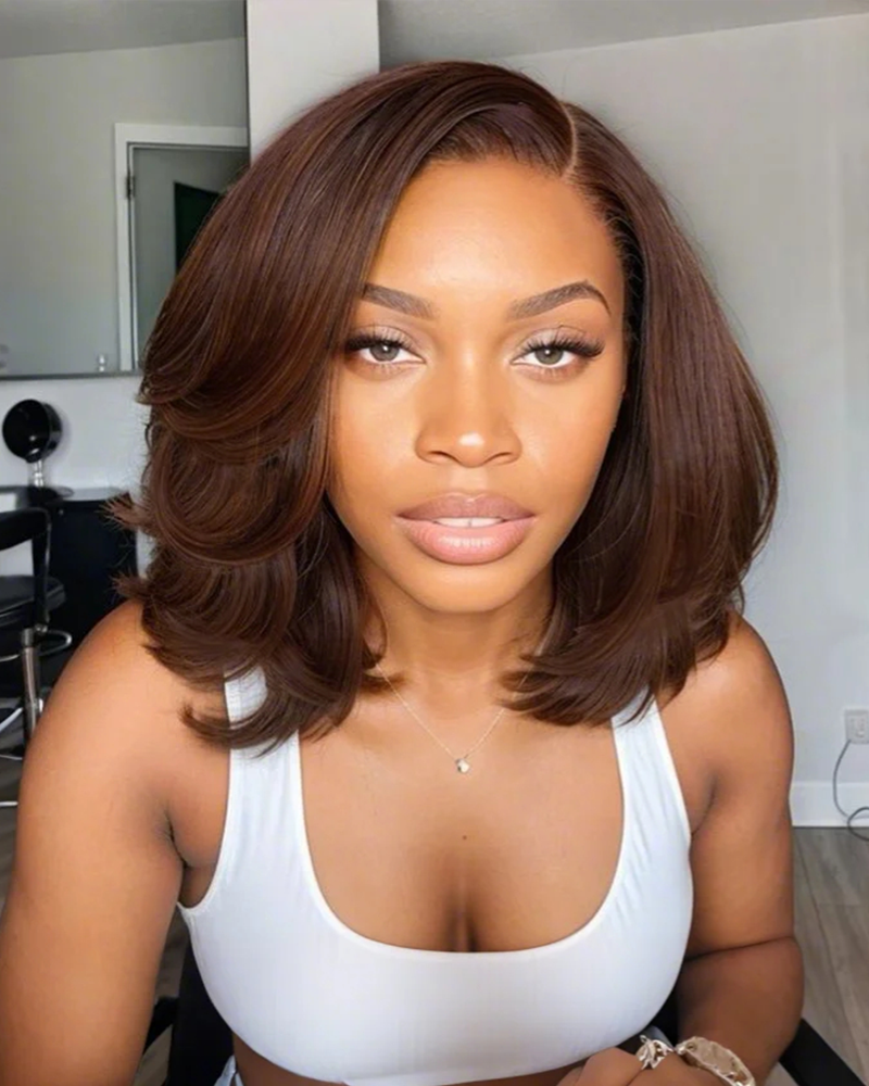 【Bogo Sale】Dark Brown Colored Spring Curly Layered Short Bob 6x5 Pre-Cut Lace Human Hair Wig