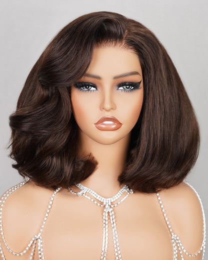 【Bogo Sale】Dark Brown Colored Spring Curly Layered Short Bob 6x5 Pre-Cut Lace Human Hair Wig