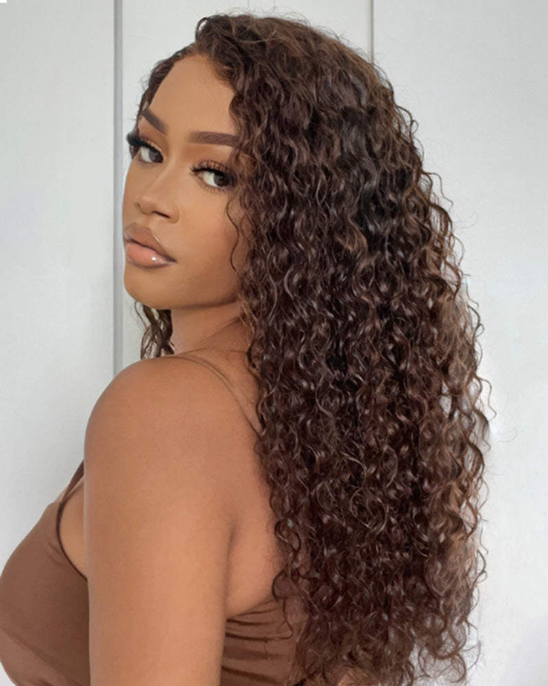 Chestnut Brown Color Water Wave Curly 13x4/6x5 Lace Human Hair Wig Free Parting