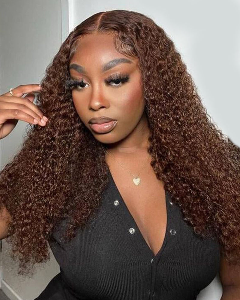 Chestnut Brown Color Water Wave Curly 13x4/6x5 Lace Human Hair Wig Free Parting