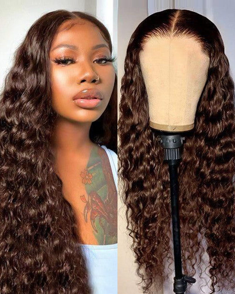 Chestnut Brown Color Water Wave Curly 13x4/6x5 Lace Human Hair Wig Free Parting