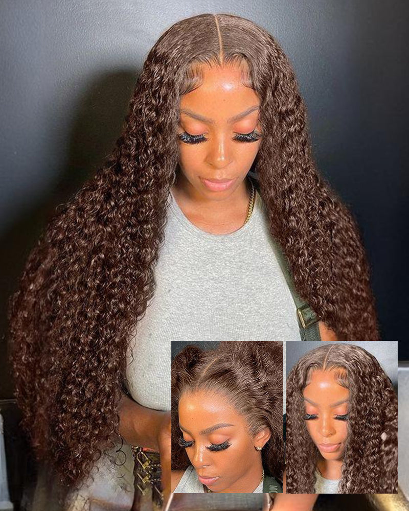 Chestnut Brown Color Water Wave Curly 13x4/6x5 Lace Human Hair Wig Free Parting