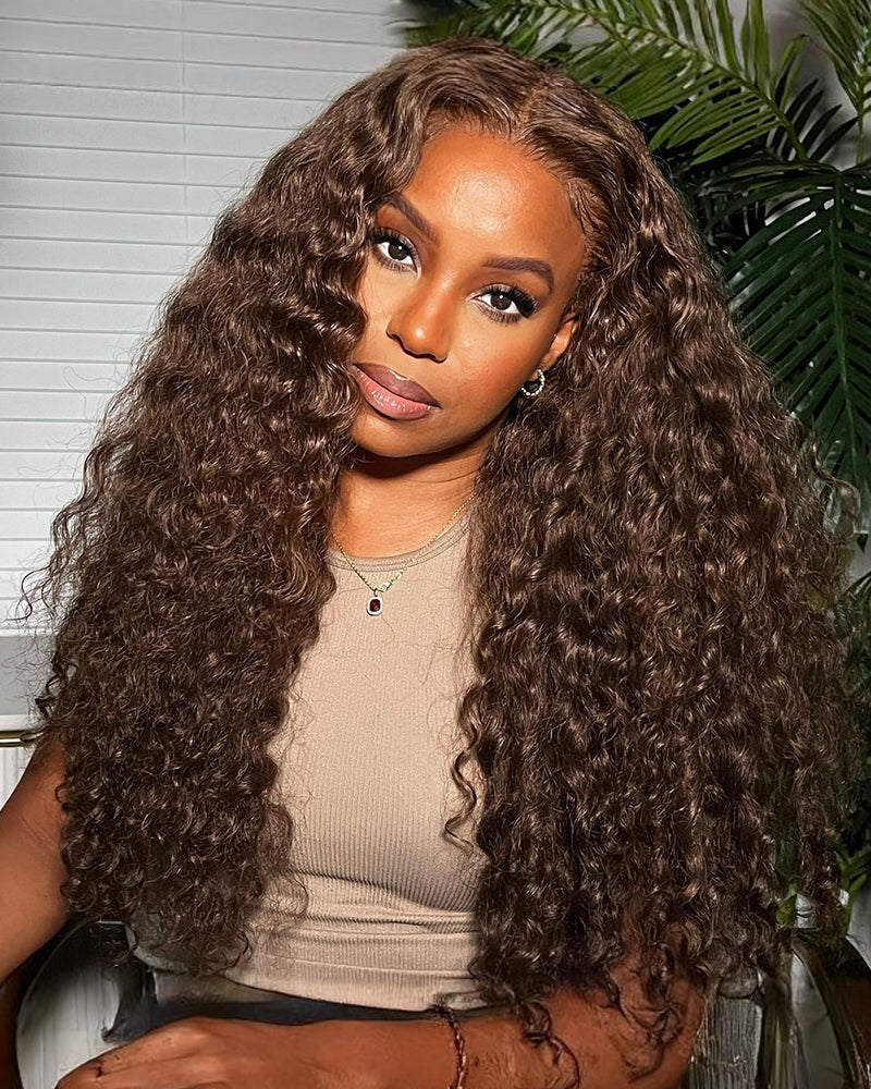 Chestnut Brown Color Water Wave Curly 13x4/6x5 Lace Human Hair Wig Free Parting