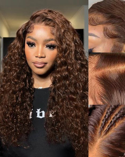 Chestnut Brown Color Water Wave Curly 13x4/6x5 Lace Human Hair Wig Free Parting